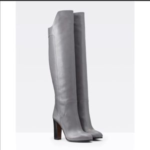 Vince Dempsey Knee-High Boots, Gray Leather Round-Toes,Block Heels
